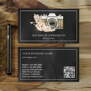 Carte De Visite Photographe Rustique Boho Floral Camera QR Code