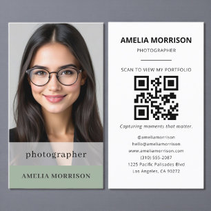 Carte De Visite Photographe Vert Sage QR Code Photo Moderne