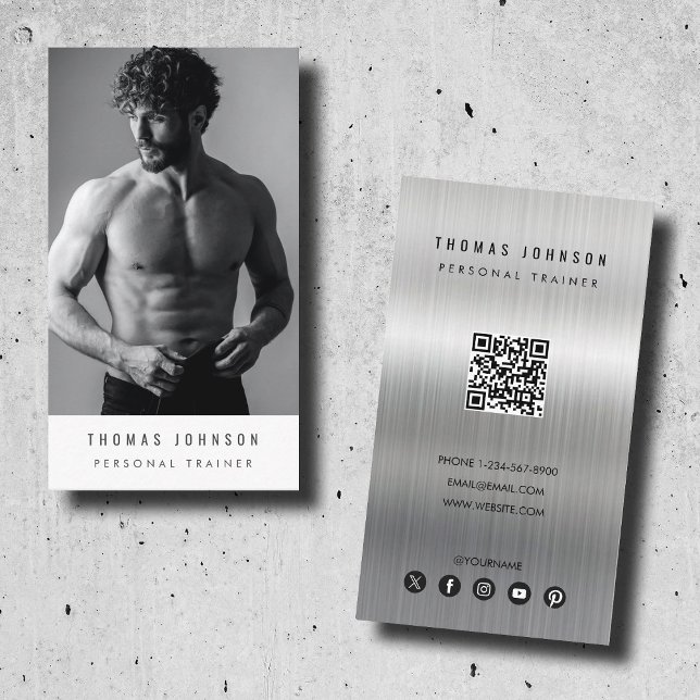 Carte De Visite Photographie d'entraînement personnel en métal bro (Brushed Metal Personal Trainer Fitness Photo Business Card)