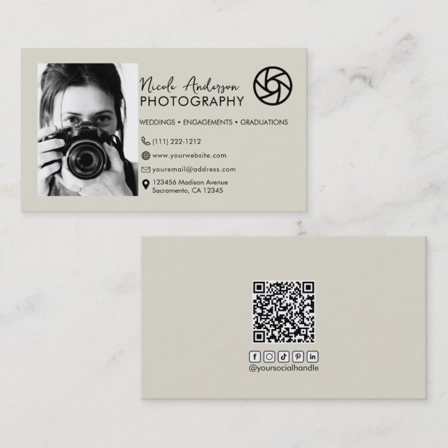 Carte De Visite Photographie du logo avant minimal moderne beige (Devant / Derrière)