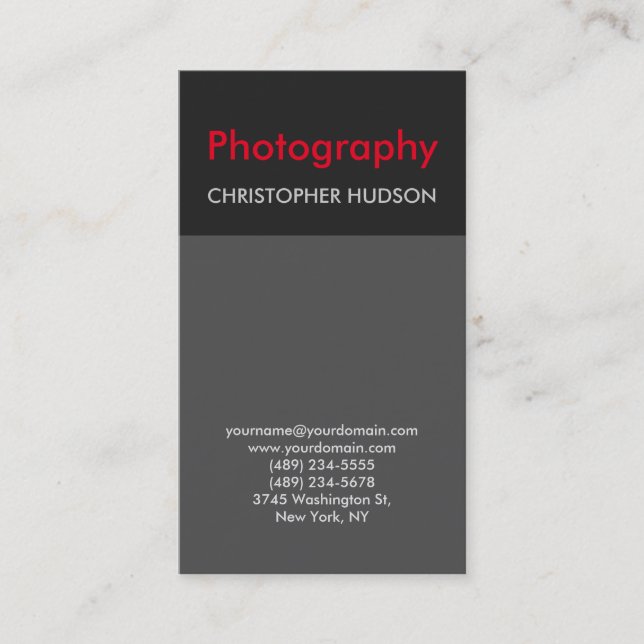 Carte De Visite Photographie élégante en gris rouge tendance (Devant)