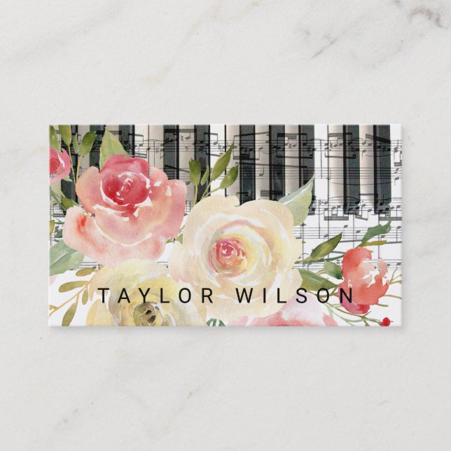 Carte De Visite pianiste floral aquarelle professeur de musique (Devant)