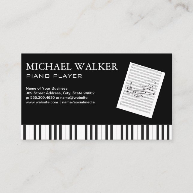 Carte De Visite Pianiste | Lecteur de musique | Notes de feuille (Devant)