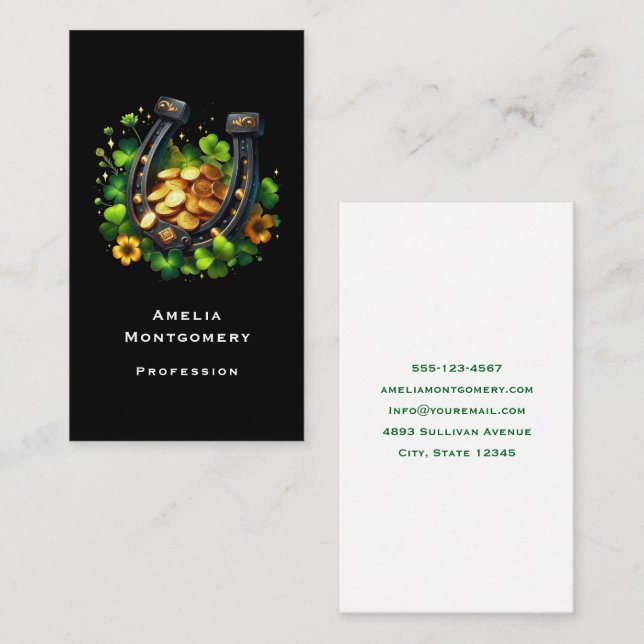 Carte De Visite Pièces en or Lucky Horseshoe et Clover (Devant / Derrière)