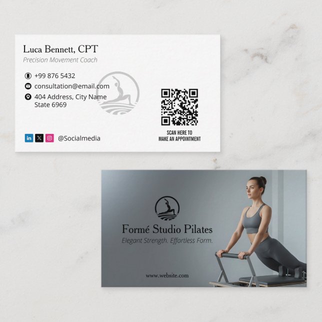 Carte De Visite Pilates Studio Business | Modern Gray Barcode (Devant / Derrière)