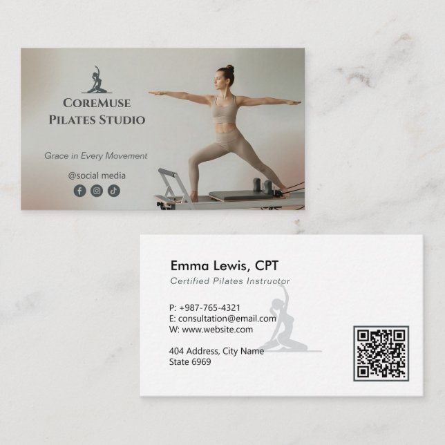 Carte De Visite Pilates Studio Business | Natural Gray (Devant / Derrière)