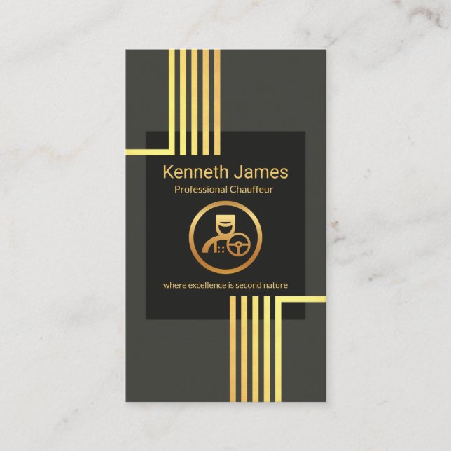 Carte De Visite Pilote Chauffeur Elegant Gold Vertical Lines (Devant)