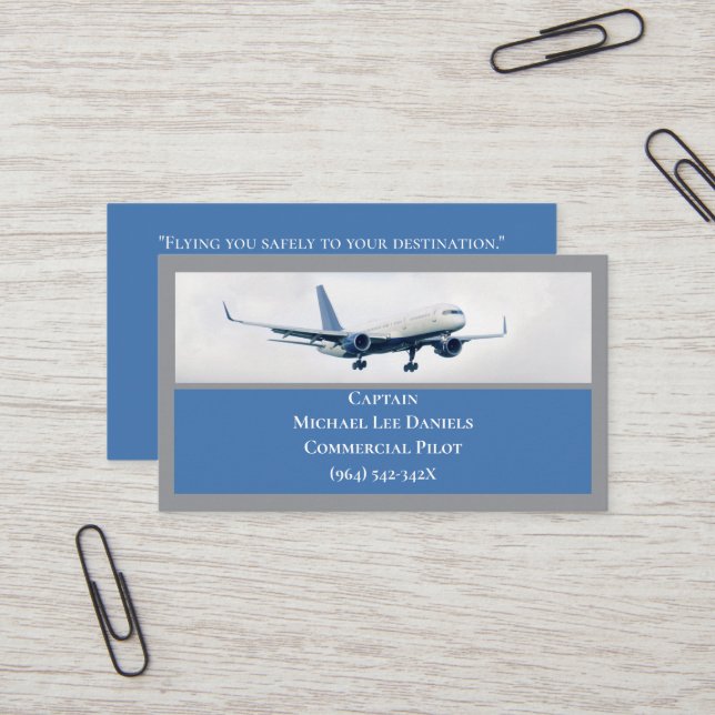 Carte De Visite Pilote d'avion commercial bleu blanc (Devant/Arrière en situation)