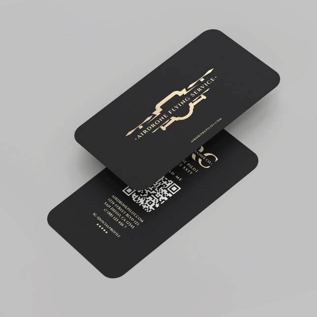 Carte De Visite Pilote de drone de monogramme d'or noir moderne (Modern Black Gold Monogram Drone Pilot Business Card
)