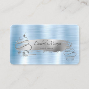 Carte De Visite Pinceau Argenté, Glitter Cupcakes Bleu Métallisé