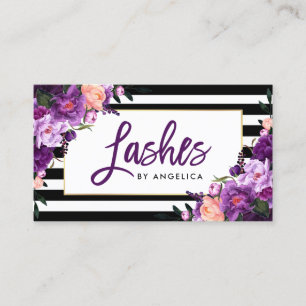 Carte De Visite Pinceau Script Floral Violet Cils Rayé