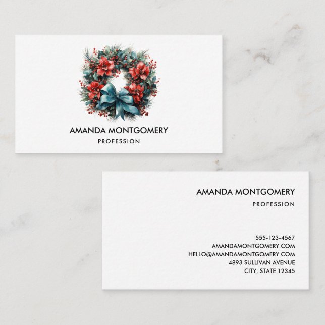 Carte De Visite Pine Wreath avec Holly Christmas (Devant / Derrière)