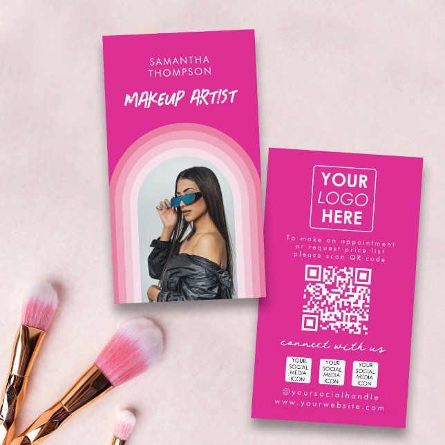 Carte De Visite Pink Arch Photo Médias sociaux Code QR Logo (Pink Arch Photo Social Media QR Code Logo Business Card)