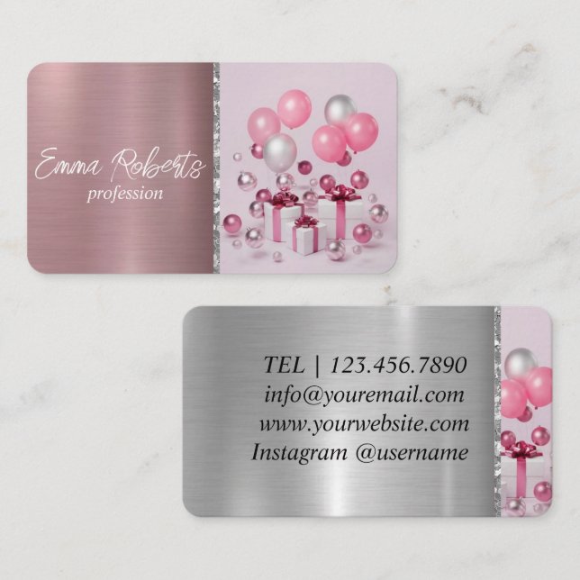 Carte De Visite Pink Balloons Événement Fête Anniversaire Planific (Devant / Derrière)