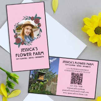 Carte De Visite Pink & Black QR Code Professional 2 Photo Floral