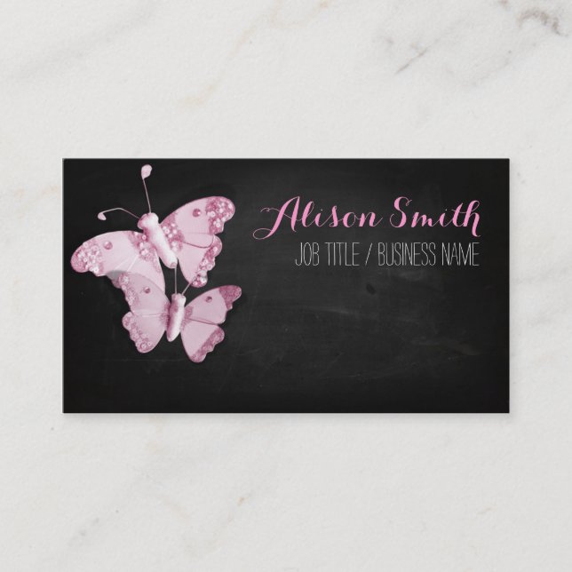 Carte De Visite Pink Butterflies on black chalkboard (Devant)