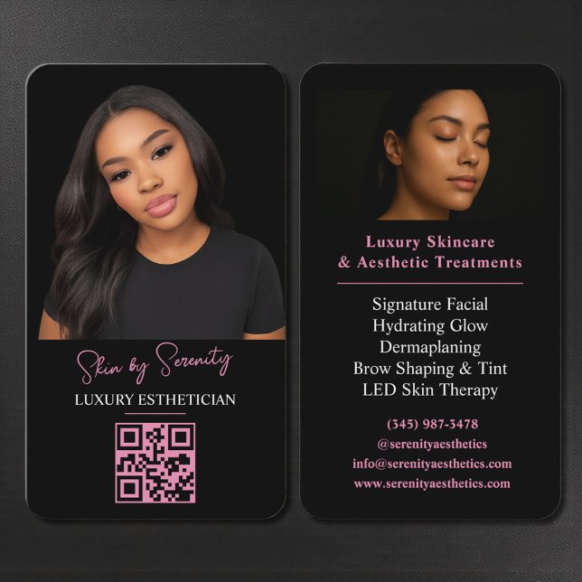 Carte De Visite Pink Esthetician QR Code Luxury Black Beauty (Créateur téléchargé)
