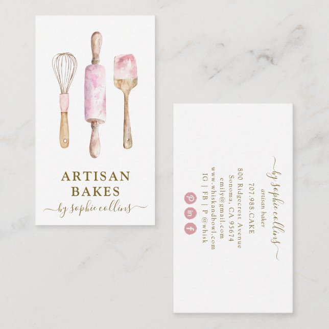 Carte De Visite Pink Gold Baker Aquarelle boulangerie pâtisserie C (Devant / Derrière)