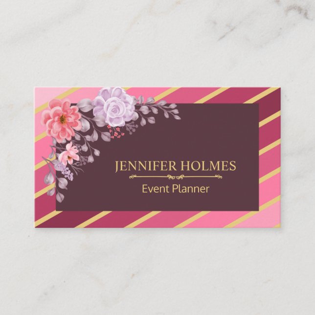 Carte De Visite Pink Gold Diagonal Stripes Floral Event Planner (Devant)