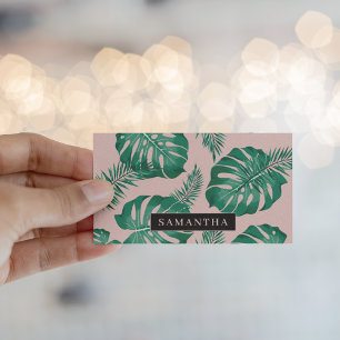 Carte De Visite Pink & Green Palm Feuille Motif & nom