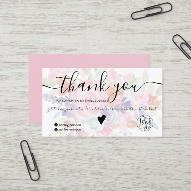 Carte De Visite Pink lavender floral aquarelle ordre merci (Devant/Arrière en situation)