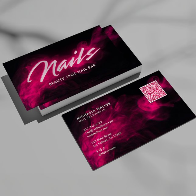 Carte De Visite Pink Neon & Smoke Nail Salon QR Code & Socials (Créateur téléchargé)