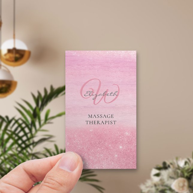 Carte De Visite Pink Ombre Shimmer Massage Thérapiste Vertical (Vertical business card - monogram logo on pink ombre)