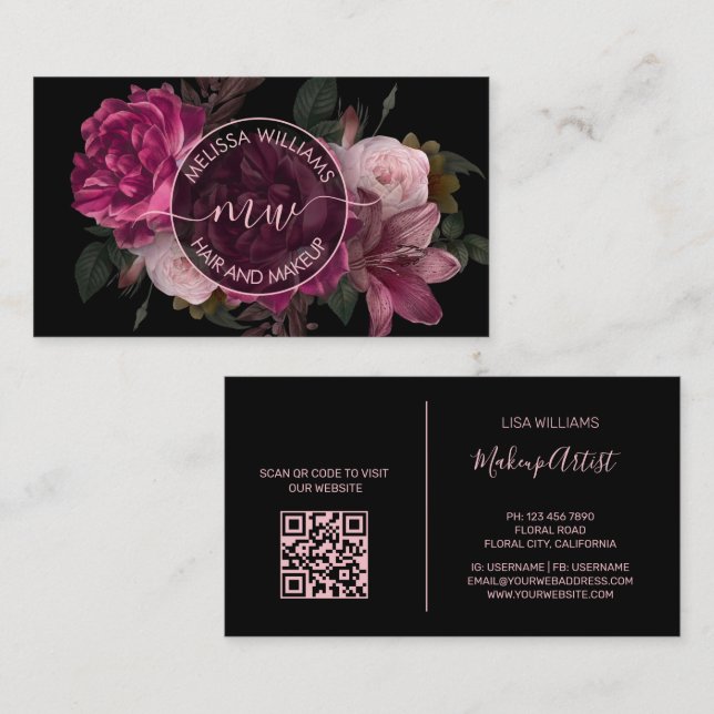 Carte De Visite Pink Peony Flower Black Logo (Devant / Derrière)