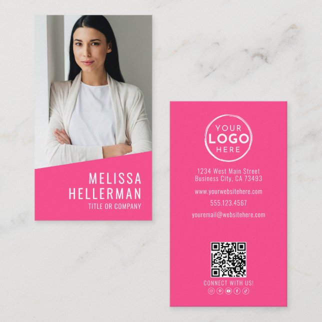 Carte De Visite Pink Photo QR Code Logo Vertical (Devant / Derrière)