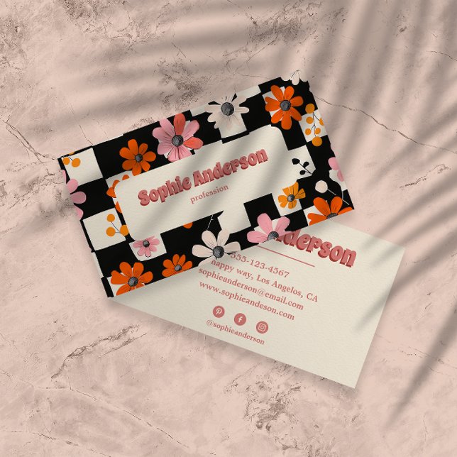 Carte De Visite Pink Retro Floral Checkered Business Card (Créateur téléchargé)