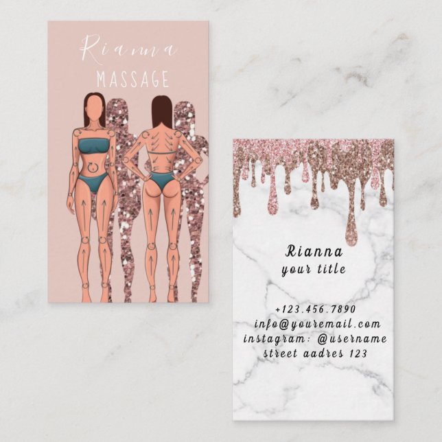 Carte De Visite Pink & Rose Gold Brossé Metal Massage Thérapiste B (Devant / Derrière)