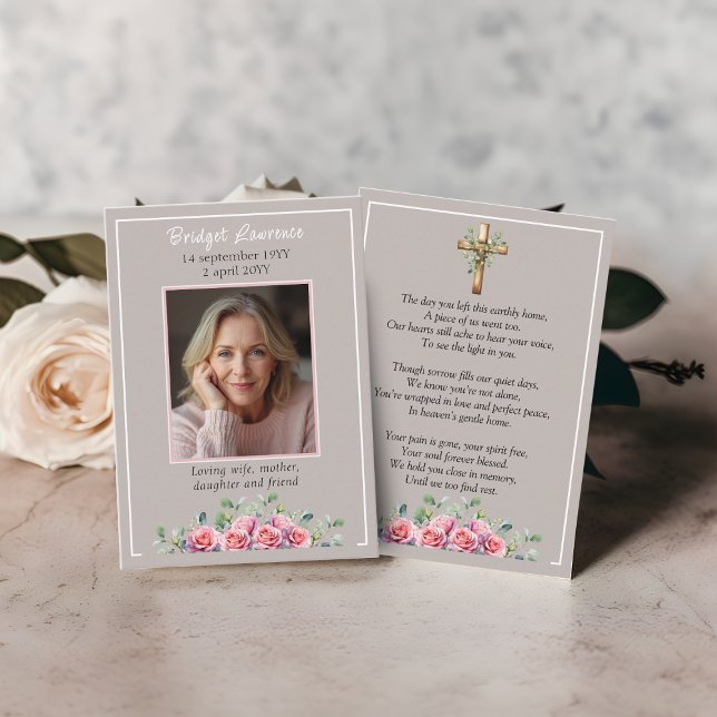 Carte De Visite Pink Roses & Eucalyptus Memorial Photo Prayer Card (Créateur téléchargé)