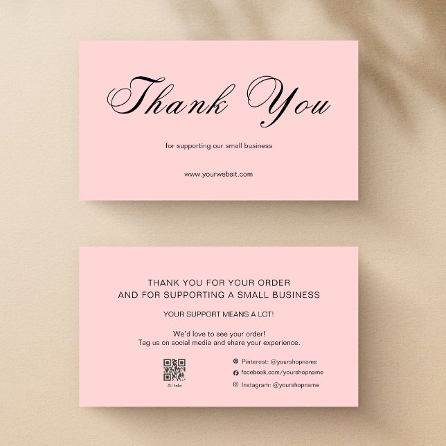 Carte De Visite Pink Script Thank You Card QR Code Small Business (Créateur téléchargé)