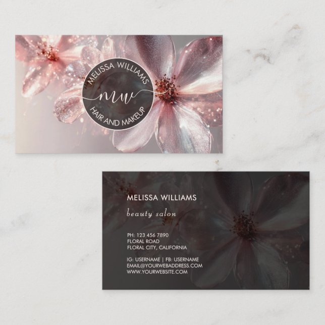 Carte De Visite Pink Shiny Floral Logo Initials Business Card (Devant / Derrière)