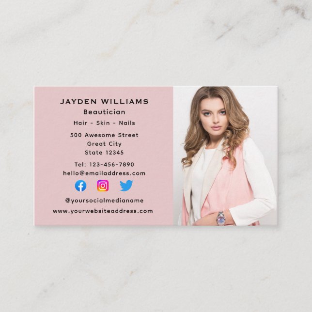 Carte De Visite Pink Social Media Beauticier Cosmetologue Photo (Devant)