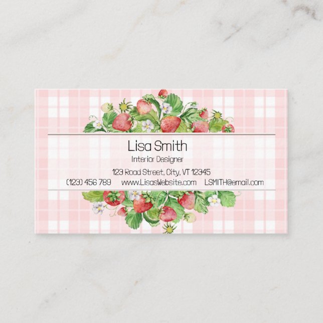 Carte De Visite Pink Strawberry Gingham Business Card  (Devant)