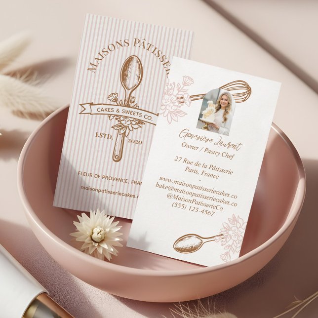 Carte De Visite Pink Stripe Floral Spoon Pastry Cakes Bakery Chef (Pink Stripe Floral Spoon Pastry Cakes Bakery Chef Business Card)