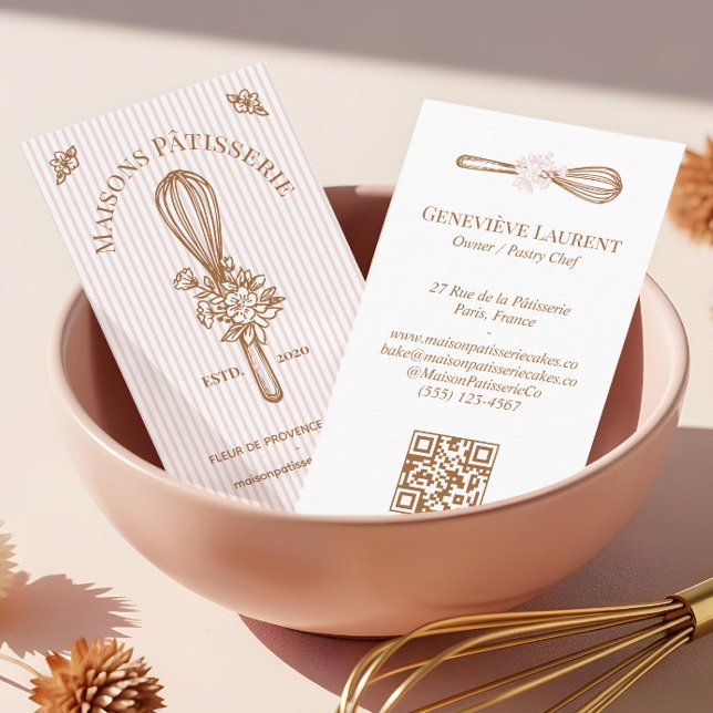 Carte De Visite Pink Stripe Floral Whisk Baking Utensil Bakery (Pink Stripe Floral Whisk Baking Utensil Bakery Business Card)