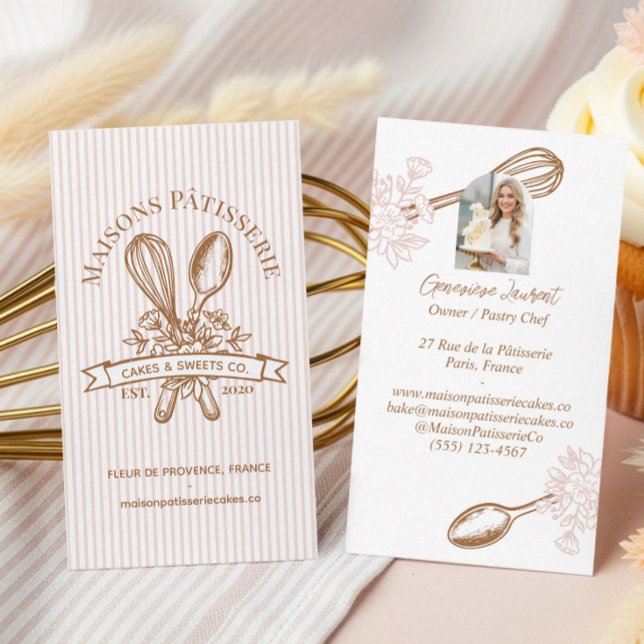 Carte De Visite Pink Stripe Floral Whisk Spoon Pastry Bakery Chef (Pink Stripe Floral Whisk Spoon Pastry Bakery Chef Business Card)