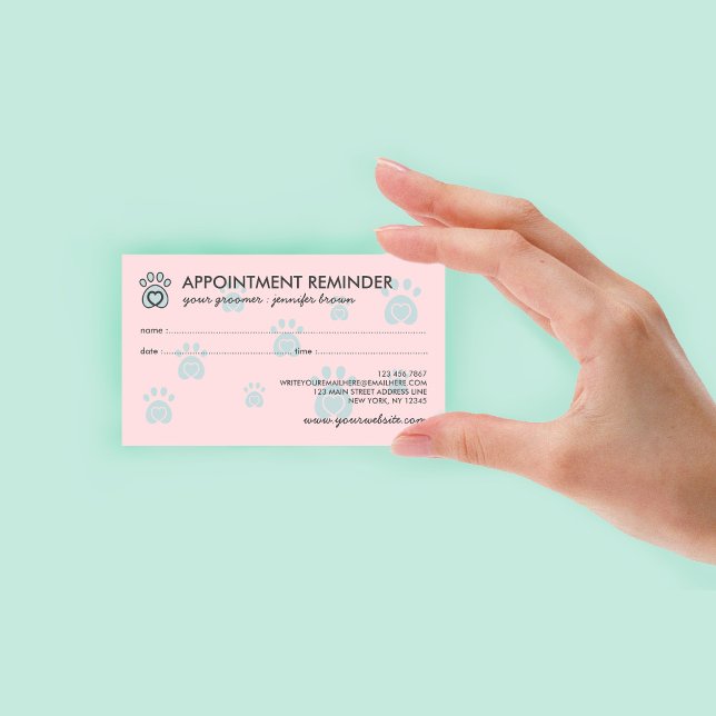Carte De Visite Pink Turquoise Paw Logo Élégant Rendez-vous avec u (Pink Teal Paw Logo Elegant Pet Appointment Business Card)