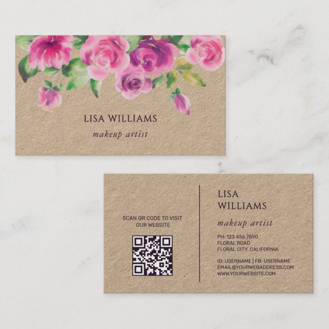 Carte De Visite Pink Watercolor Flowers Kraft (Devant / Derrière)