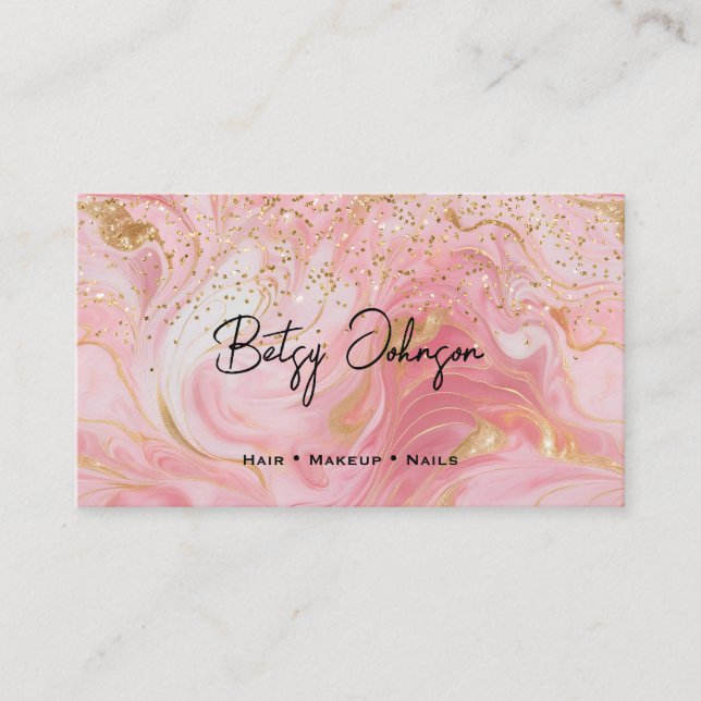Carte De Visite Pink, White and Gold Glitter Marbled Business Card (Devant)