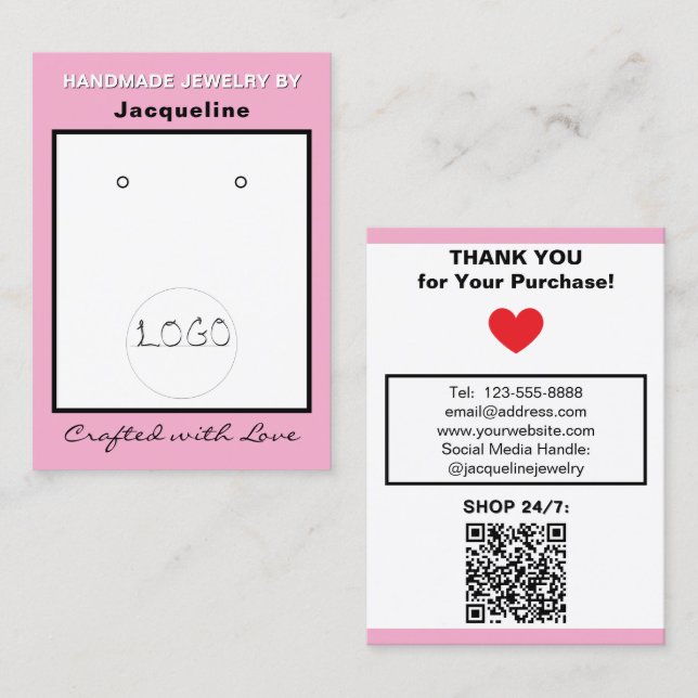 Carte De Visite Pink White Logo Jewelry Earrings QR Code (Devant / Derrière)