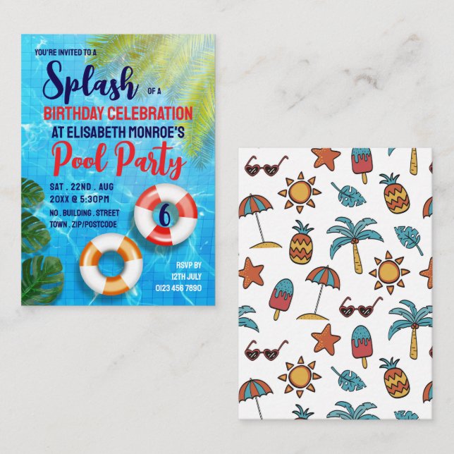 Carte De Visite Piscine tropicale, Pool Party Anniversaire Billets (Devant / Derrière)