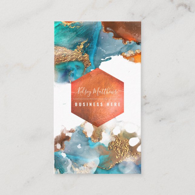 Carte De Visite PixDezines Aquarelle Abstraite Cuivre Or Turquoise (Devant)