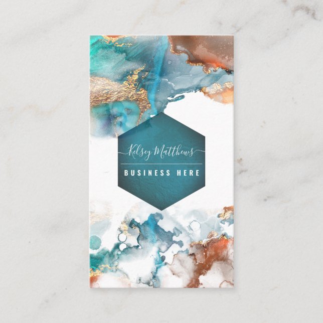 Carte De Visite PixDezines Aquarelle Abstraite Cuivre Or Turquoise (Devant)