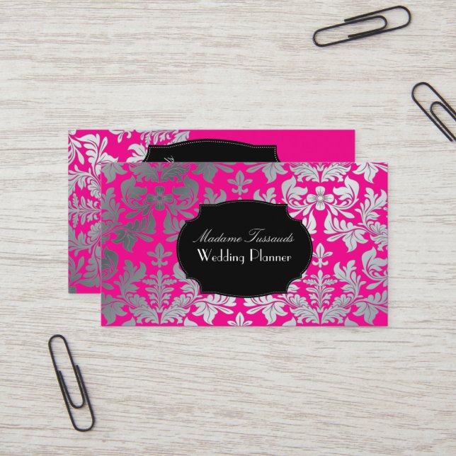 Carte De Visite PixDezines baroque damask faux argent/rose chaud (Devant/Arrière en situation)
