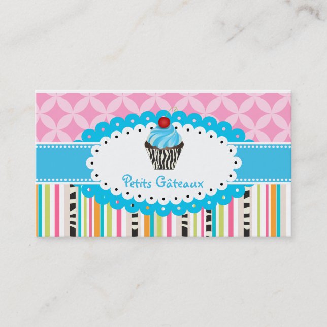 Carte De Visite PixDezines bleuets tourbillons cupcake+bandes (Devant)