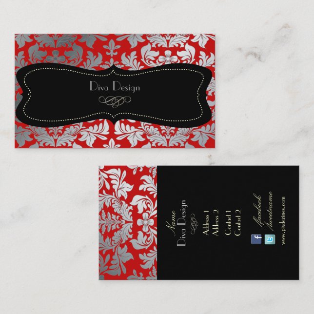 Carte De Visite PixDezines Faux argent baroque damassé rouge/noir (Devant / Derrière)