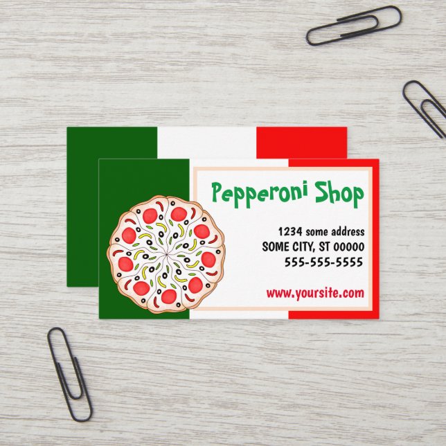 Carte De Visite pizzeria italienne Pepperoni (Devant/Arrière en situation)